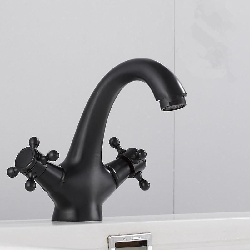 Antike Badezimmerarmatur Messing Gold Badezimmerbeckenarmatur Kalt- und Warmwassermischer Waschtischarmatur Doppelgriff Deckmontierte Armatur schwarz