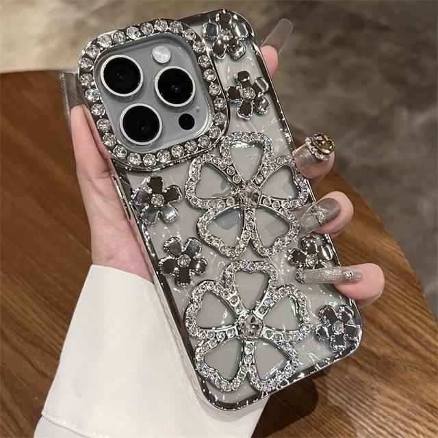 Für iPhone 15 Pro Max Luxus Blumen Flash Diamant Beschichtung Rahmen Handyhülle Für iPhone 11 12 13 14 16 Plus Weiche Strass Abdeckung For iPhone 16