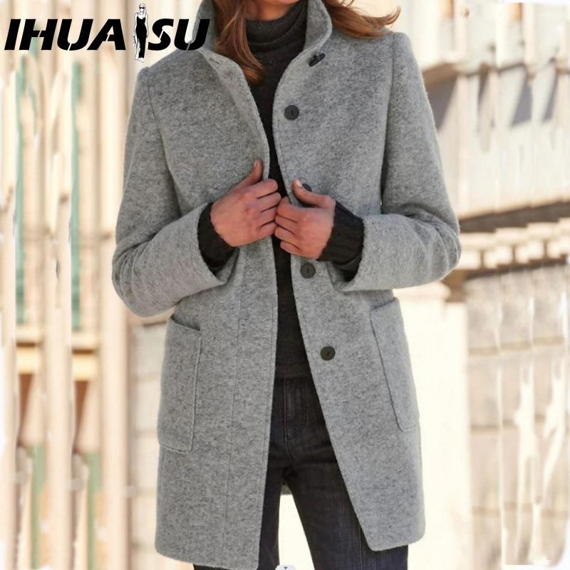 IHUASU Damen Vintage Casual Karomuster Herbst Winter Langarm POLO-Kragen Jacken & Mäntel XXL licht grau