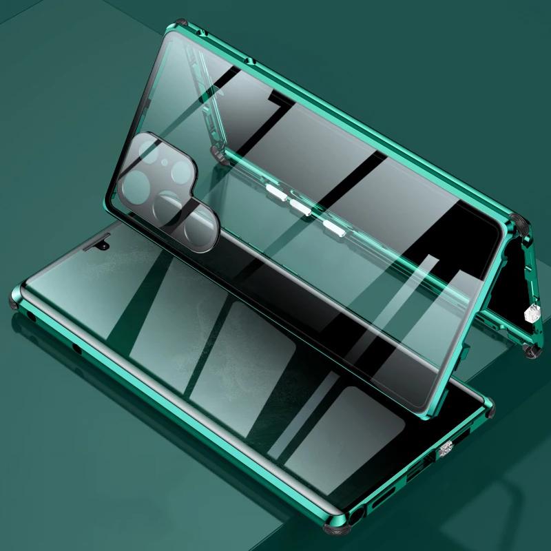 360° Anti-Peeping Sichtschutz Doppelseitige Gehärtete Glas Hülle Für Samsung Galaxy S26 S25 S24 S23 S22 Ultra Plus Magnetischer Metall Stoßfänger Handyhülle For Samsung S22 Ultra grün