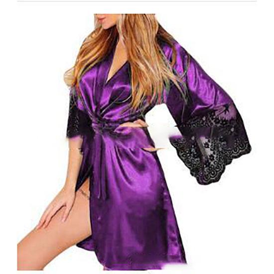Damen Nachthemd Bademantel mit G-String Blumenspitze Bademantel Halbarm Nachthemd Weiblich Französisch Sexy Seidige Satin Nachtwäsche S violett