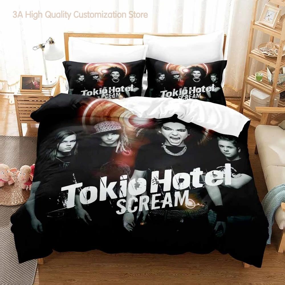 Tokio Hotel Bettwäsche-Set Einzelbett Twin Full Queen King Size Bettwäsche-Set Schlafzimmer für Jungen und Erwachsene Bettbezug-Sets 3D Anime Bettlaken-Set EU Single(135*200cm)3pcs black