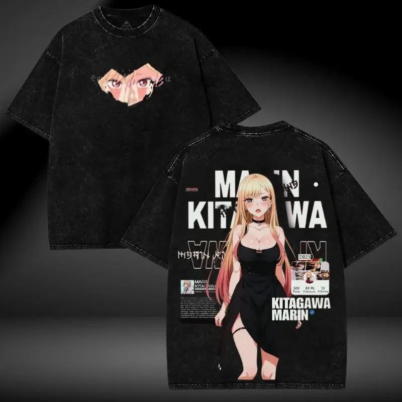 Mein Dress-Up Darling Marin Kitagawa Teufel Cosplay Vintage Säurewaschung Beidseitig Grafik Oversized Schwarzes T-Shirt | Anime Fan Streetwear Merch Tee XXXL schwarz