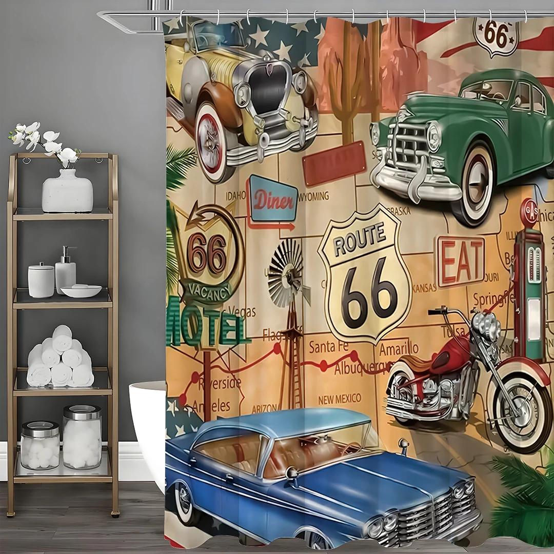 Route 66-Thema Hintergrund Comic Vintage Straßenkarte Autos Motorräder Historischer Duschvorhang, Badezimmer Dekorativer Duschvorhang W180H230(CM)-1 Pcs