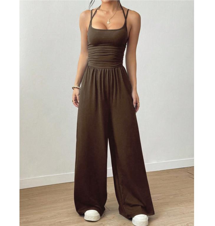 Damen Casual Einfarbige Falten Locker Gerader Jumpsuit A-Linie Rückenfrei Neckholder Schlanker Cami Jumpsuit Streetwear S kaffeebraun