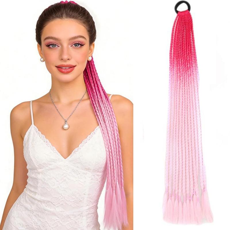 Geflochtene Pferdeschwanz Haarverlängerungen 24 Zoll Bunte Box Braids mit Gummibändern Synthetische Haarteile für Mädchen Damen Accessoires Crazy Hair Day beige