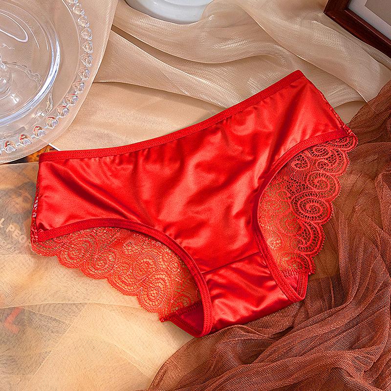 Damen-Slip mit Schleife, mittlerer Taille, Satin, einfarbig, Spaghettiträger, Spitzen-Slip, ausgehöhlt, nahtlos M rot