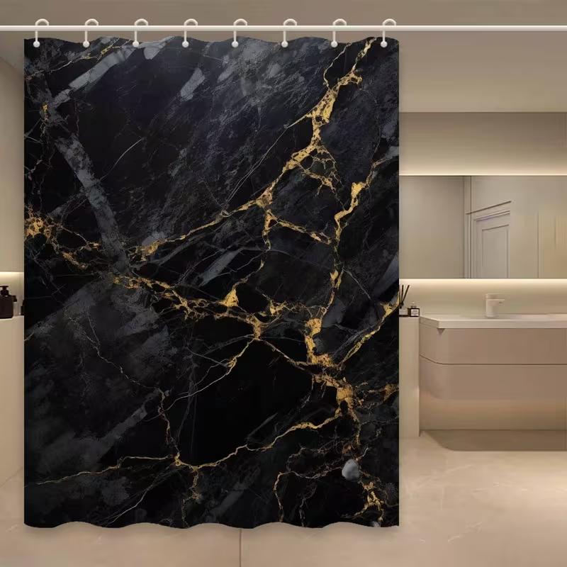 VIKAMA Luxus Stein Schwarz Gold Wasserdichter Duschvorhang Luxus Badezimmer Hotel-Stil Wohnung Minimalistischer Badezimmerteiler 180X200CM(5.9X6.6FT)