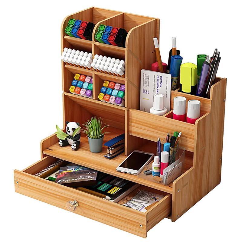 Holz Schreibtisch Organizer DIY Schreibtisch Ordnung Stifthalter Große Kapazität Aufbewahrungsbox für Schreibwaren mit Schublade für Zuhause, Büro und Schule