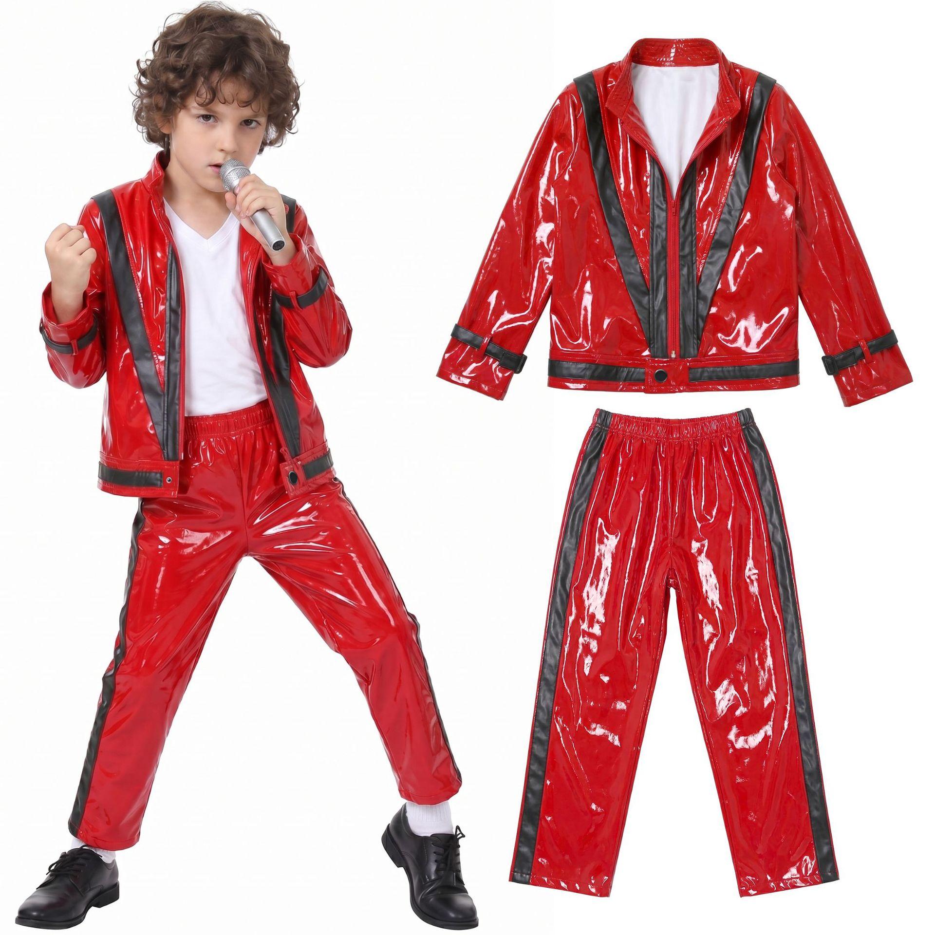 Kinder Michael Jackson Kostüm Rot Schwarz Leder Outfit Jungen Bühnenauftritt Anzug Halloween Kostüm US10 rot