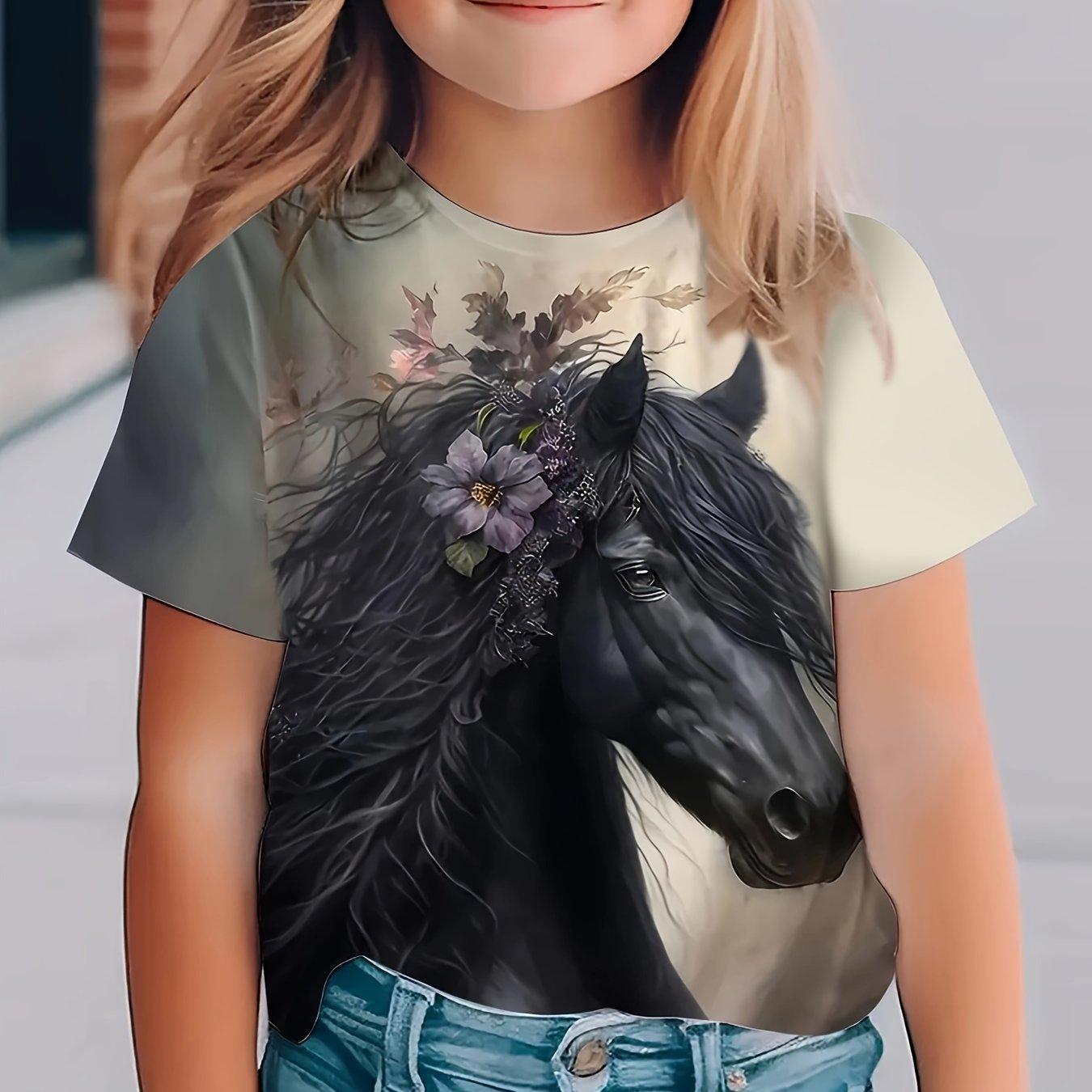 Kinderkleidung Mädchen T-Shirt Kurzarm Stilvoller 3D-Pferd-Aufdruck Kinder Sommerkleidung Lässige Rundhals-Mädchenkleidung Tops 140
