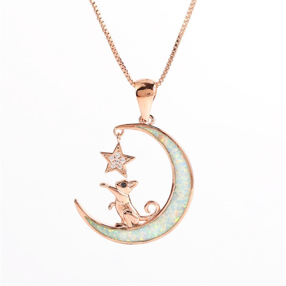 Personalisierte Roségold Blau Weiß Australischer Schatz Mond Katze Berührung Stern Vielseitige Anhänger Halskette beige