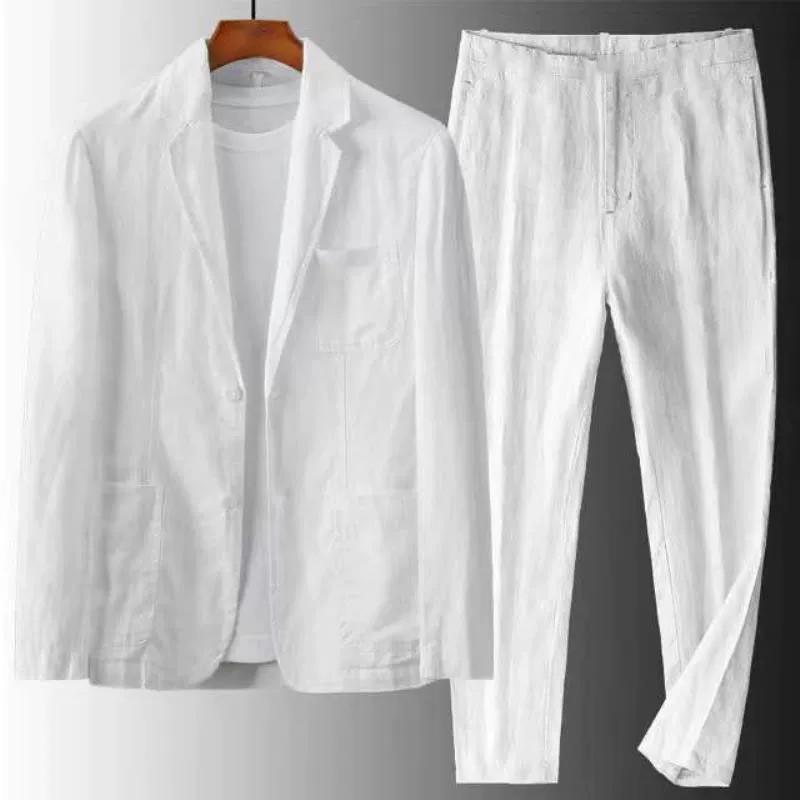 Herrenjacken und -hosen Herren Leinen 2-teiliger Anzug Frühling und Sommer Dünner Mode Freizeitanzug Anzug Herren Frühling und Sommer Dünner Teil 2XL weiß