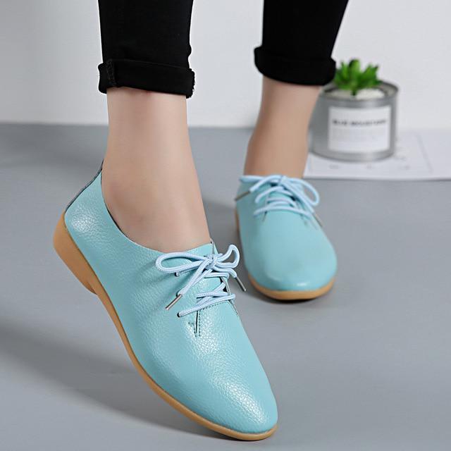 Echtes Leder Sommer Faulenzer Frauen Casual Schuhe Mokassins Weiche Spitz Damen Schuhe Frauen Wohnungen Schuhe Weibliche 41 himmelblaue