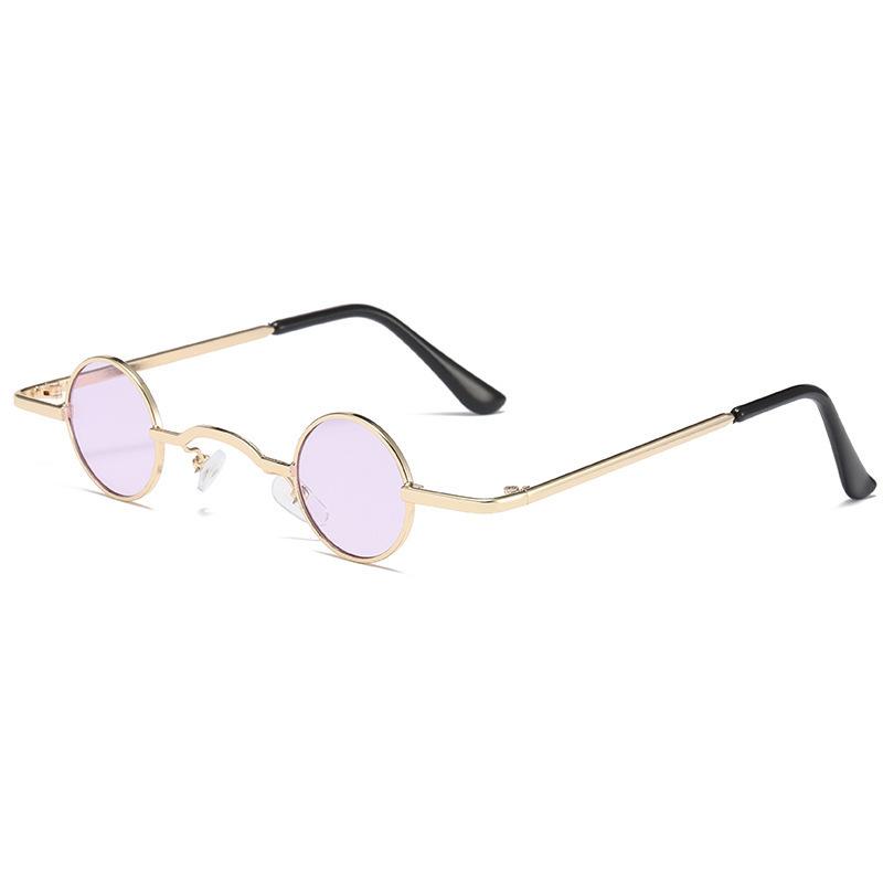 Kleine runde Antireflex-Sonnenbrille für Damen und Herren, Ultra-Mini-Metallrahmen, Hip-Hop-Punk-Sonnenbrille, Bonbonfarben, ins Mode gold/violett