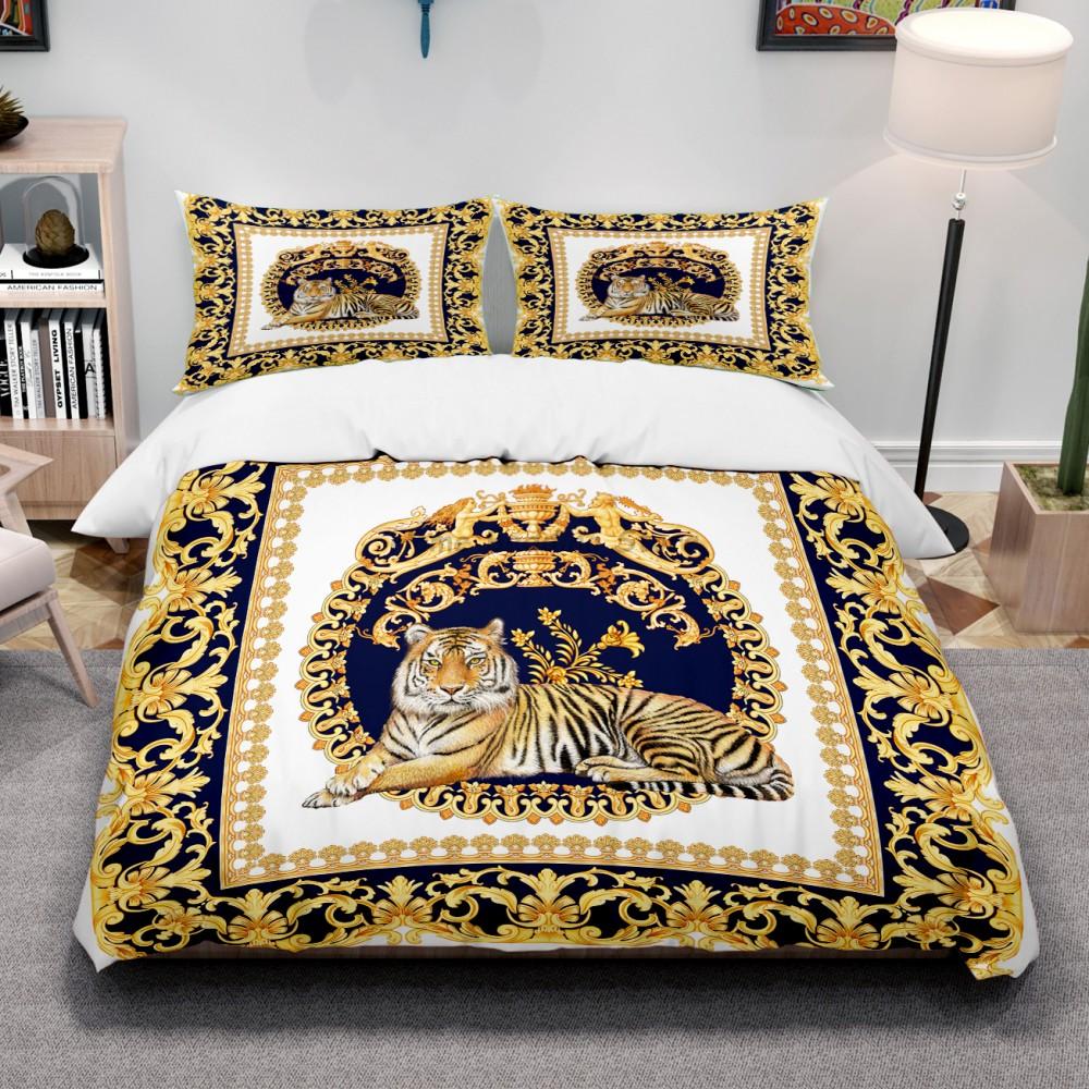 Luxuriöses, modernes Bettwäsche-Set aus Baumwollstoff mit Digitaldruck in Goldoptik, bestehend aus Bettbezug, Spannbettlaken und Kissenbezügen. Heimtextilien US Queen(228x228cm)
