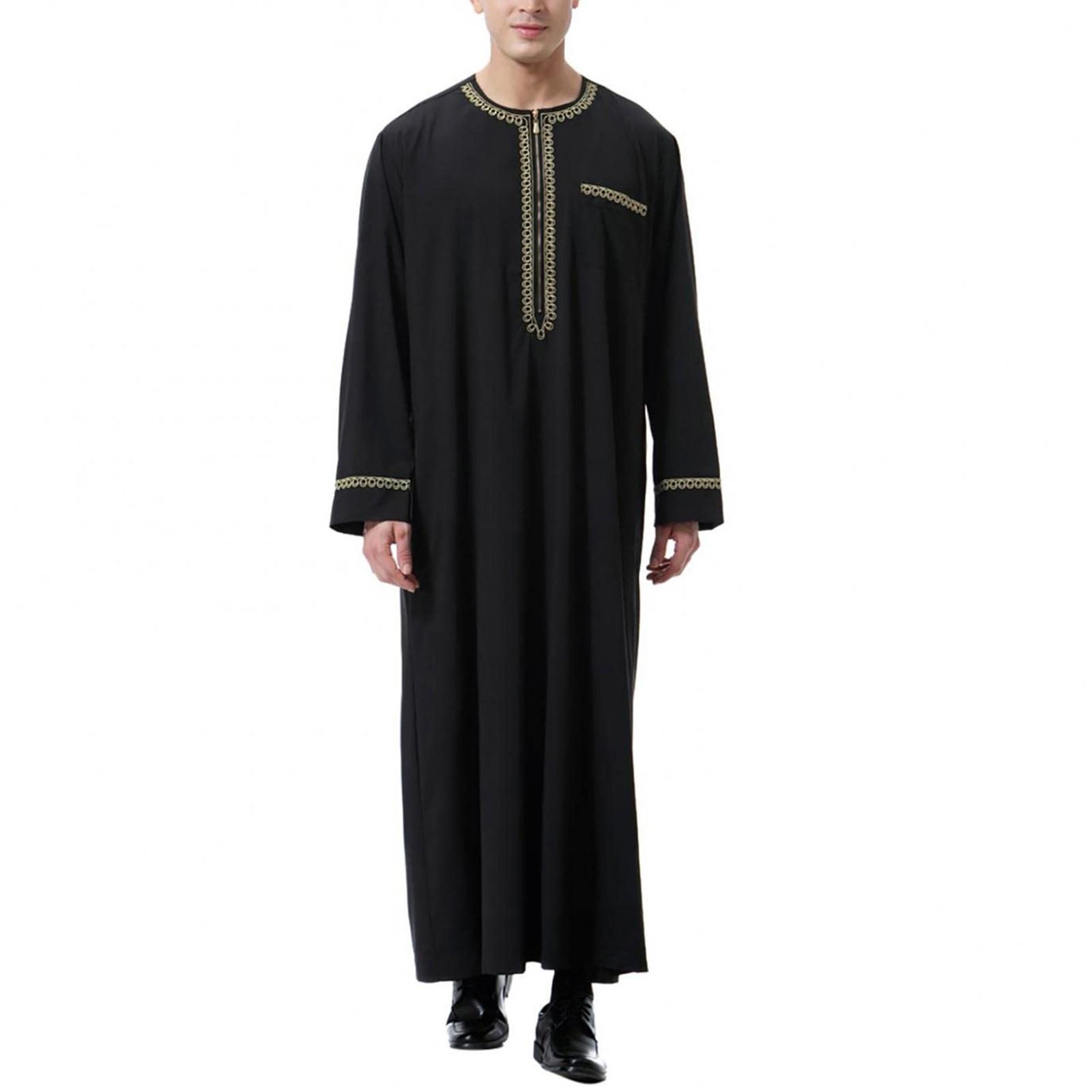 Herren Muslim Shirt Print Kaftan Islamic Royalty Dubai Robe O-Ausschnitt Langarm Retro Tuniken Abaya Loose Kandoura XL schwarz