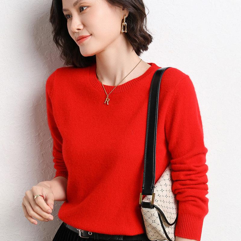 Frühling und Herbst Damen Pullover Pullover Strickpullover Rundhals Langarm Pullover Bottom Shirt Einfarbiger Pullover XXL rot