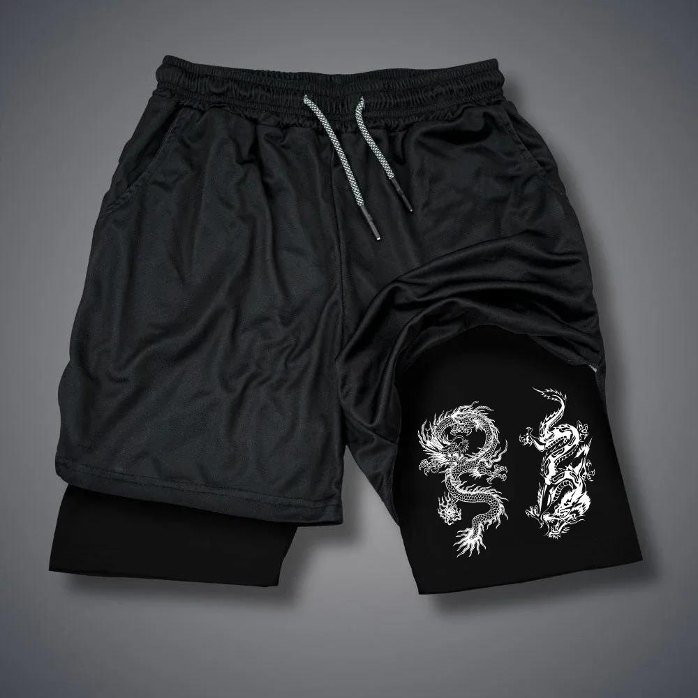 RS Brooklyn Shorts mit Buchstaben-Print, schnelltrocknende 2-in-1-Shorts für Herren, Shorts mit Gothic-Muster, lässige kurze Hose, Streetwear-Hose mit Drachenmotiv L