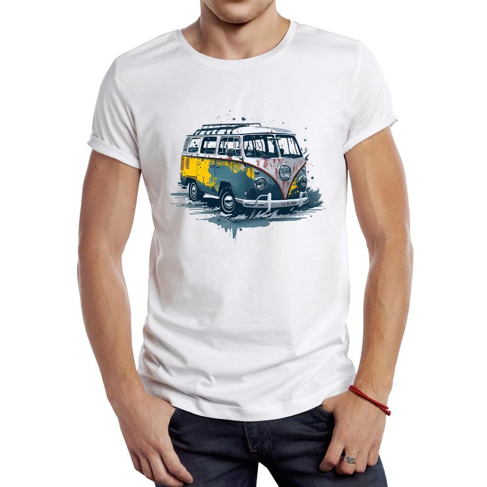 Retro Bemalter Bus Herren und Damen Reines Baumwoll-T-Shirt Grafik Camping Bus Sportkleidung Retro Klassisches Auto Hipster T-Shirt M