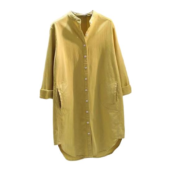 Frühling Herbst Damen Hemd Stehkragen Langarm Taschen Einreiher Hemd Tops Einfarbig Lockere Passform Mittellanges Hemd XL gelb
