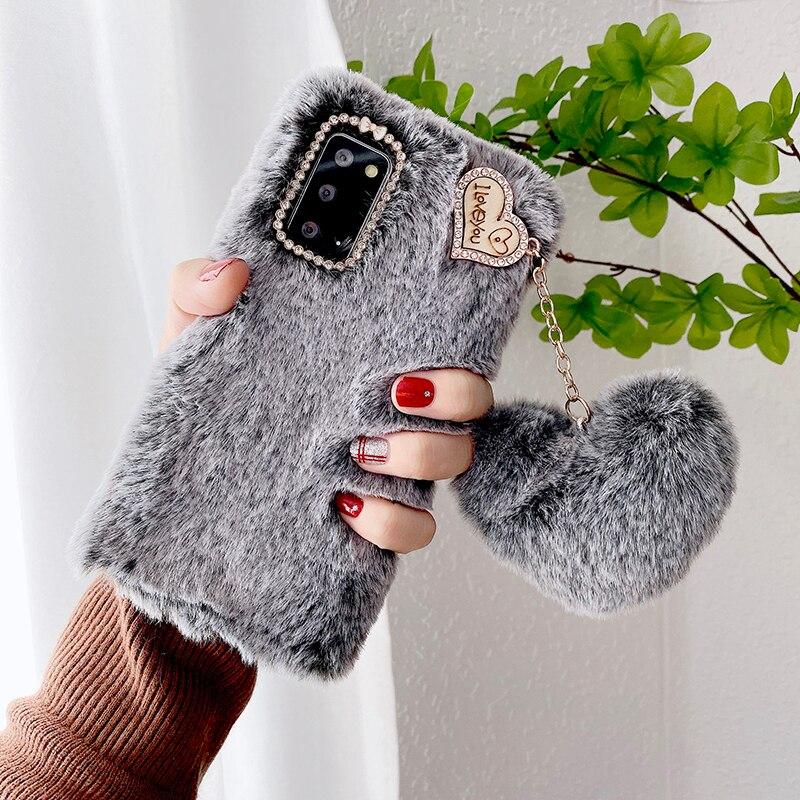 Liebe Herz Anhänger Kaninchen Pelz Fall für Samsung Galaxy S21 S20 S10 S9 S8 Plus S7 A13 A33 A53 A12 a22 A32 A52 A21s A31 A51 A71 Haar Plüsch Telefon Fall samsung s20 plus grau