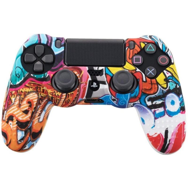 Camouflage-Schutzhülle mit Graffiti-Motiv, Silikon-Gummi-Gel-Haut für Sony PS4 Slim/Pro Controller Cartoon game black