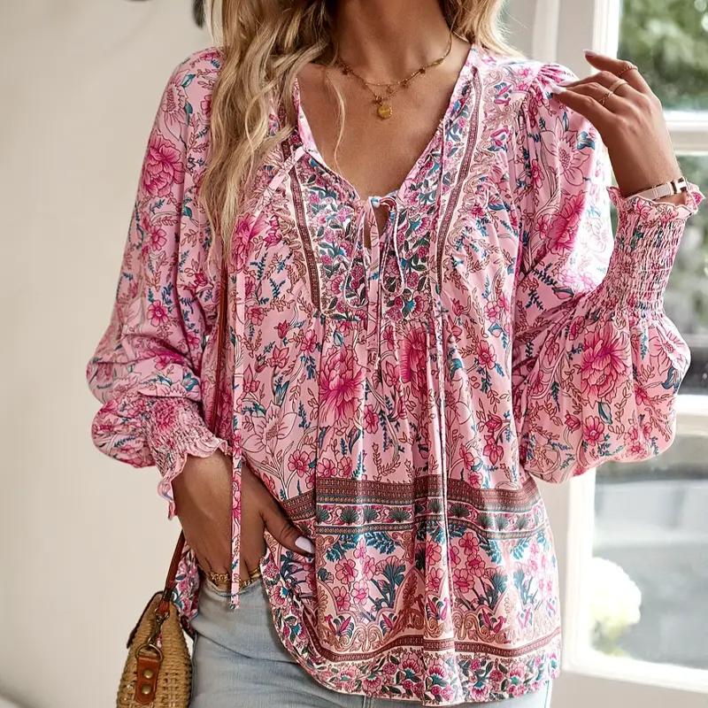Bluse mit V-Ausschnitt und Blumendruck, lässige Bluse mit V-Ausschnitt und Blumendruck, lange Ärmel mit Kordelzug für Frühling und Herbst – Damenbekleidung M rosa