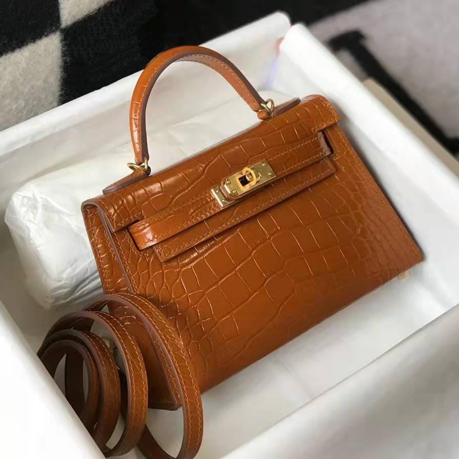 Hochwertige Krokodilmuster-Mini-Kelli-Tasche, Mini Kelli zweite Generation, tragbare Schulter-Crossbody-Mini-Ledertasche für Damen 19cm goldbraune