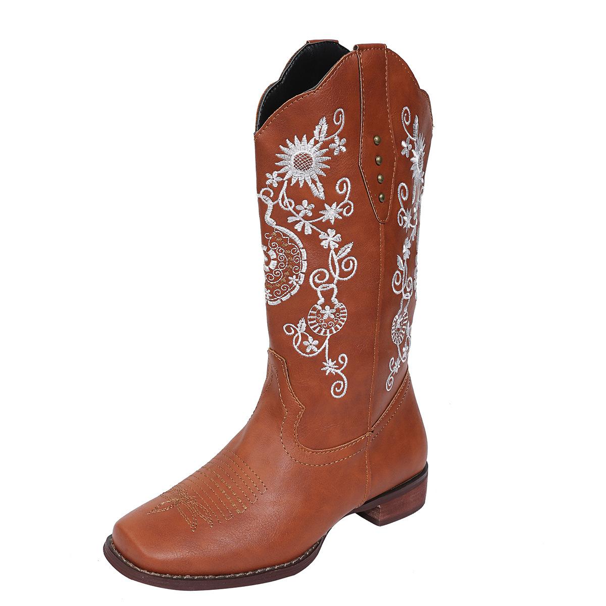 Cowboy Frauen Western Stiefel Herbst Winter Marke Neue Coole Mode Stickerei Cowgirl Frauen Mid-kalb Frauen Schuhe Stiefel 39