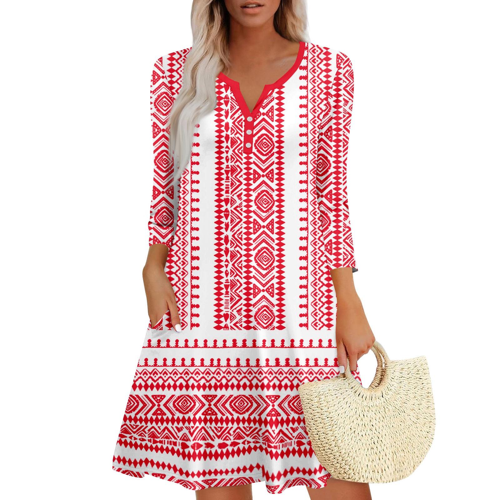 Damen Sommerkleid Lockeres V-Ausschnitt Dreiviertelärmel Sommerkleid mit Taschen Kleid XL Zinnoberrot