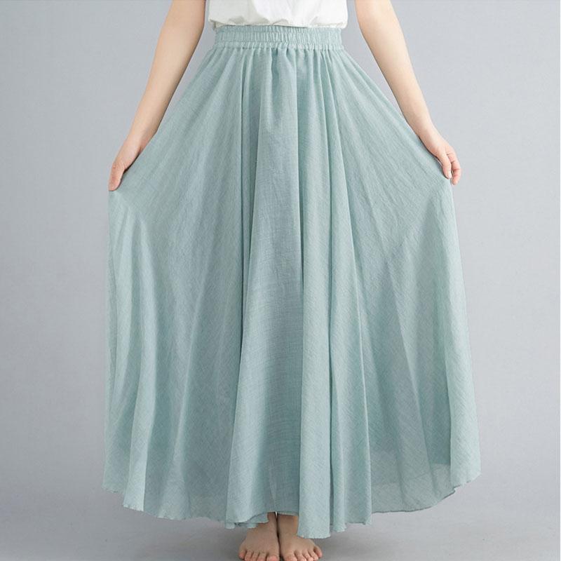 Sommer Herbst Damen Rock Literarisch Große Baumwolle Leinen Halbrock Elastische Taille Leinen A-Linie Rock Langer Abschnitt Reine Farbe Wind Swing Rock M