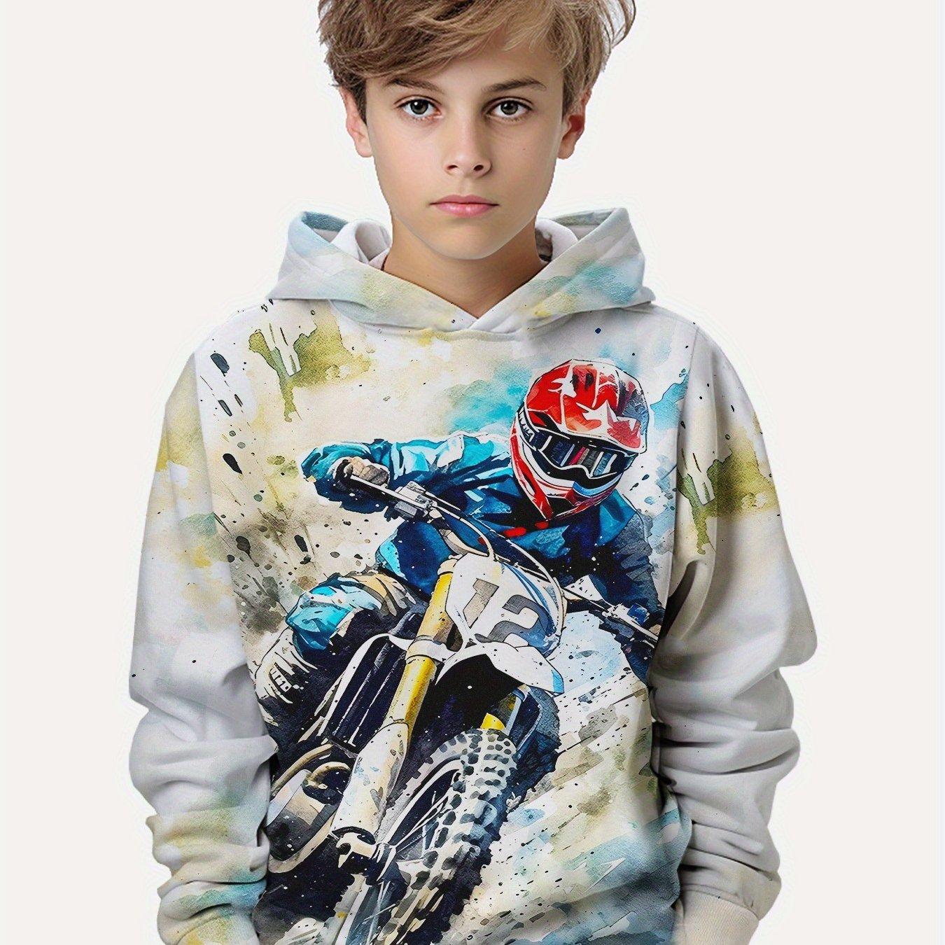 Kinderkleidung Jungen Hoodies Langarm 3D Motorradfahrer Druck Kinder Frühling Herbst Kleidung Beiläufige Stilvolle Outdoor Jungen Kleidung Tops 130 gray