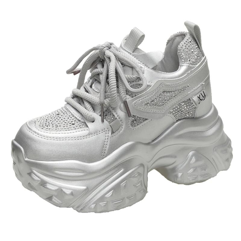 Mode 11CM Damen Casual Plateau Sneakers High Heels 2024 Neu Herbst Sport Lederschuhe Bling Trainer Chunky Sneakers Zapatos Mujer 39 silber