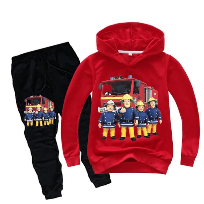 Neues Kleiderset Ein Rettungsteam Feuerwehrmann Sam Kinder Trainingsanzug Kinderbekleidung Anzug Jungen und Mädchen Kapuzenpullover + Hose 110CM rot