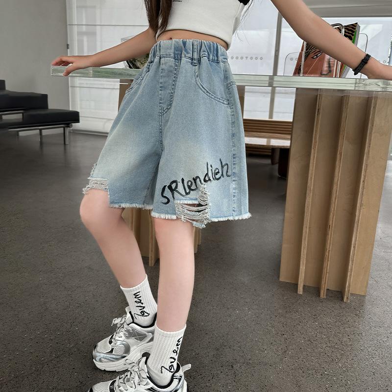 Sommer Teenager Mädchen Loch Denim Shorts Casual Grat Rand Hand Gezogen Buchstaben Junior Mädchen Halbe Hosen Kinder Kleidung 4 6 8 10 12 14Y 150 blau