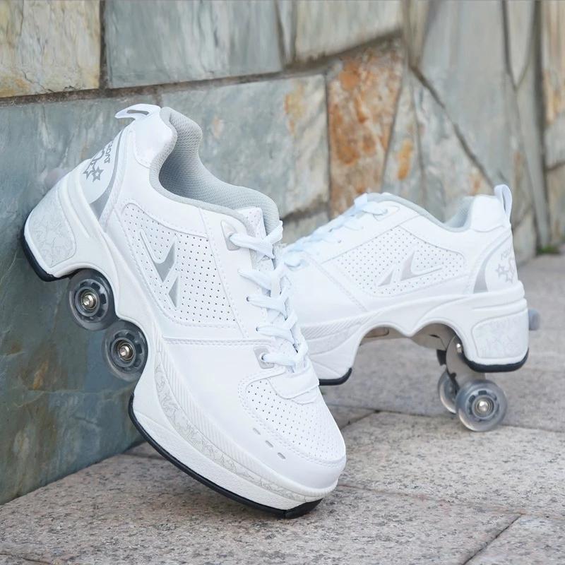 Rollen-Sneaker mit Doppelrädern, für Jungen und Mädchen, Rollschuhe, Rollschuhe, Verformungsschuhe, Rollschuhschuhe 33 weiß