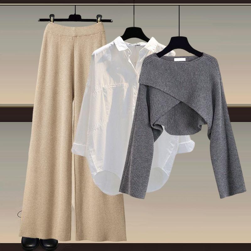 Herbst und Winter Damen Strickpullover Dreiteilige Hose Lockere Bluse Hemd Pullover und Hose mit weitem Bein und hoher Taille Vintage Lässiges dreiteiliges Set M grau/khaki