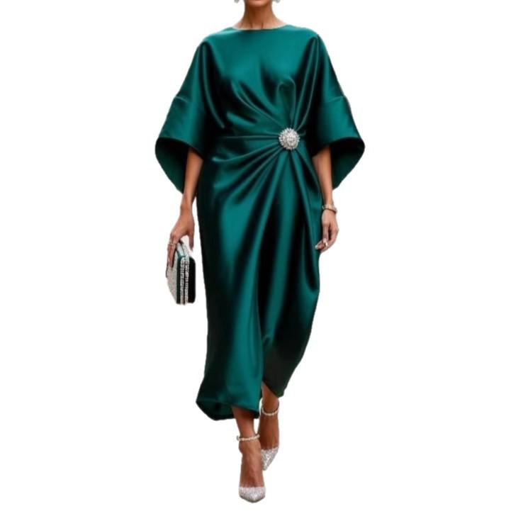 Damen Satin Slipkleid mit Rüschenärmeln, Seitenschlitz und silberner Broschendetails, Elegantes Abendkleid XS grün