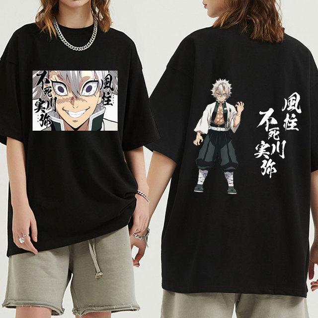 Anime Demon Slayer Shinazugawa Sanemi Cartoon Bedrucktes T-Shirt Manga Kimetsu No Yaiba Kurzarm-T-Shirt Lässige Baumwoll-T-Shirts Unisex Streetwear XL schwarz