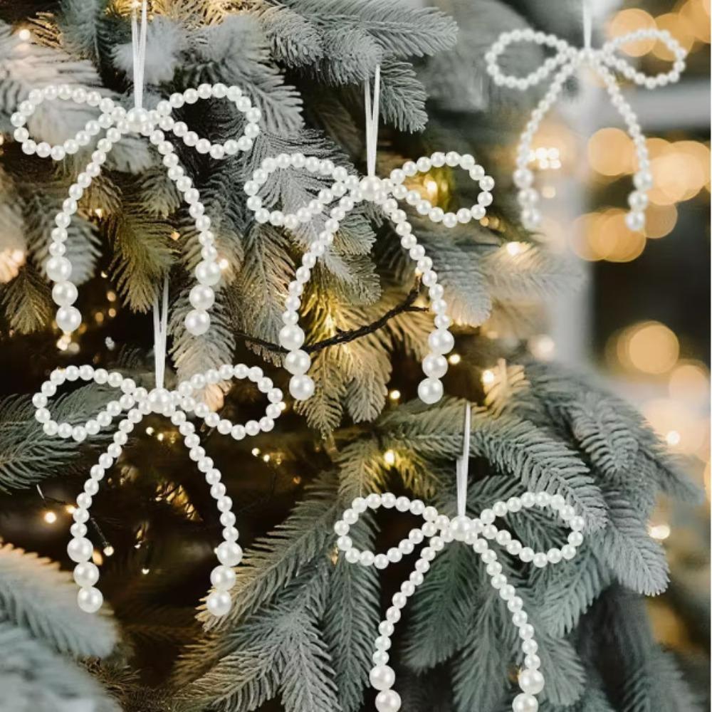 6 Stück Neu Handgeknüpft Imitation Perle Schleife Weihnachtsdekoration Weihnachtsfransen Anhänger Feiertagsparty Mädchenzimmer Dekorationszubehör 9X9cm white