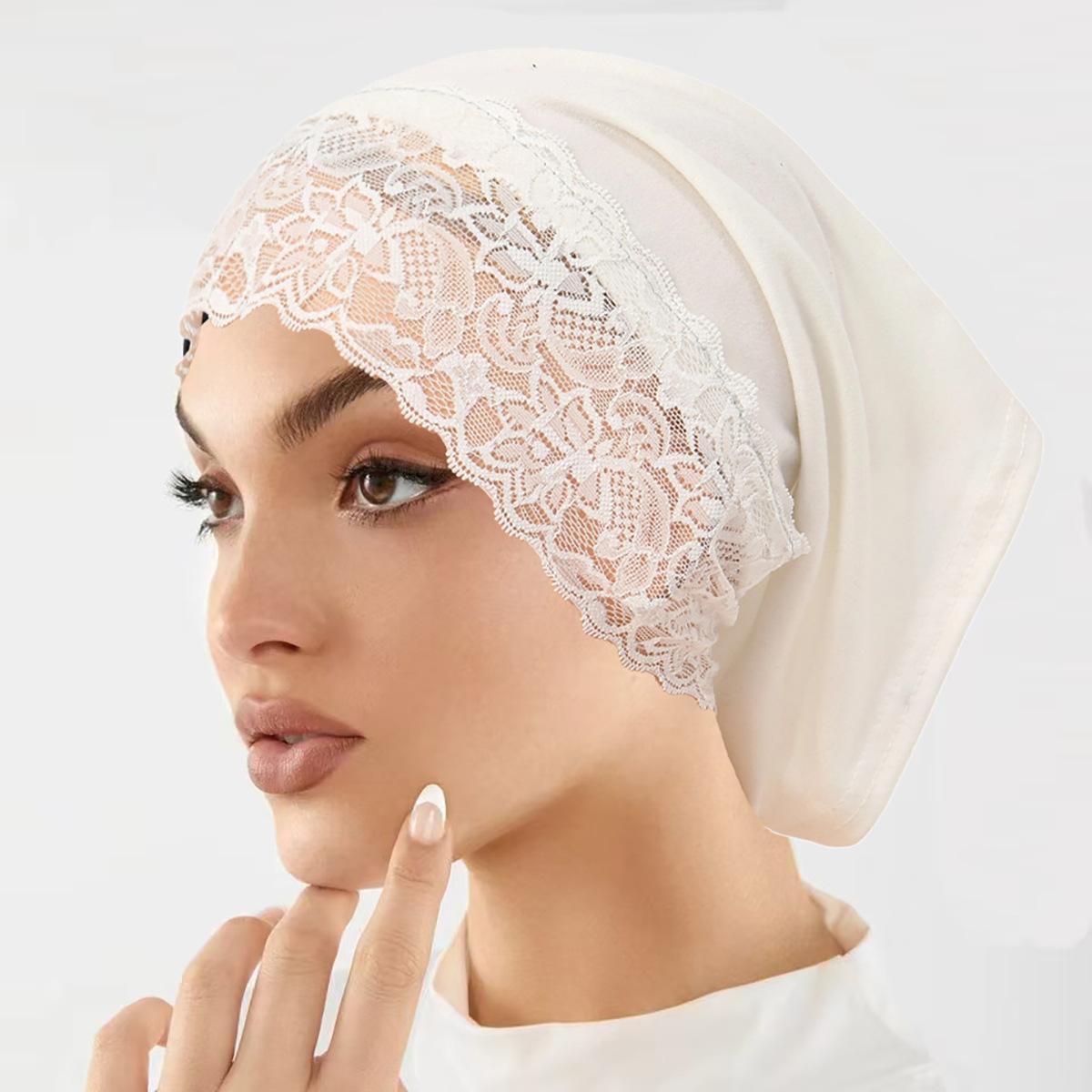 Hijab Unterkappe mit Spitze Muslimischer Turban Islamische Unterkappe Hijab Mütze Weich Dehnbar HIjabs Schlauchmütze Turbante weiß