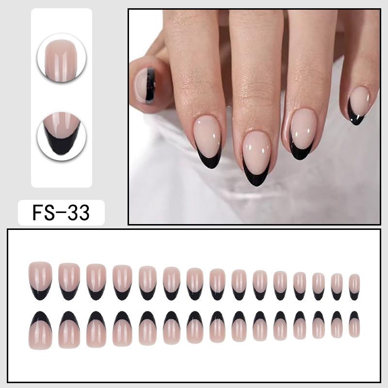 24 Stück Nude Acryl Press-On Nagelkunst Kurz Mittel Günstig Künstliche Nägel Einfach Weiß Schwarz Französische Spitzen Falsche Nägel Set Für Kleber FS 33