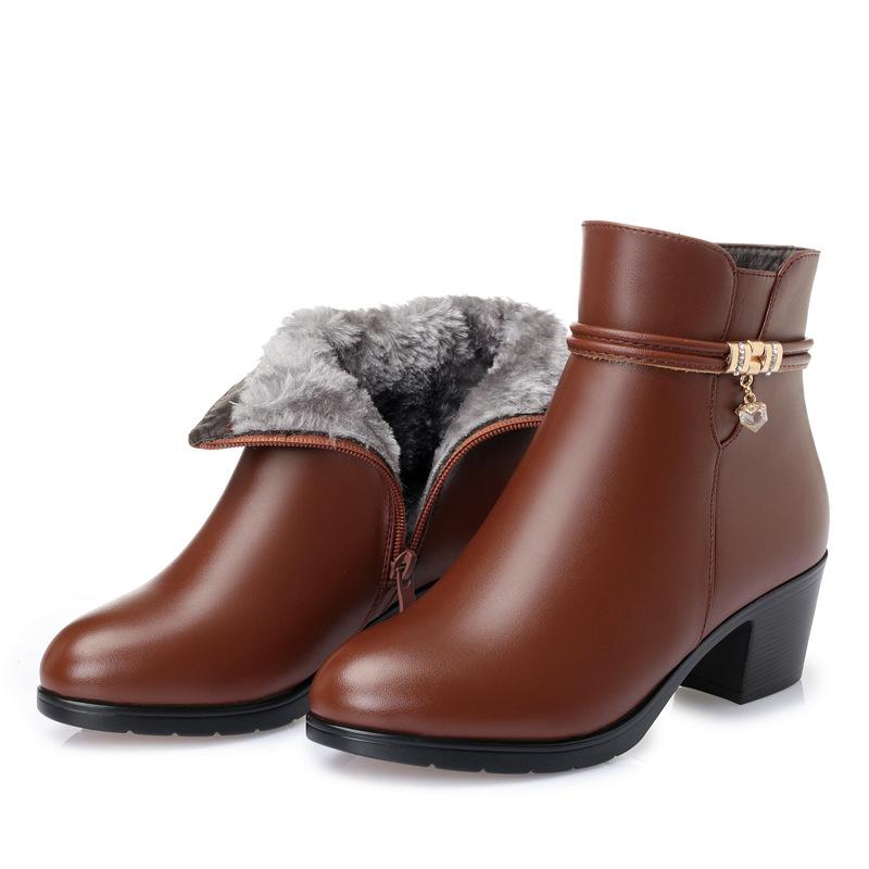 Damen Echtleder Stiefeletten Damen Wolle Rutschfeste Schneestiefel Damen Stiefel mit dickem Absatz Damen High Heels Schuhe Große Größe 35-43 35