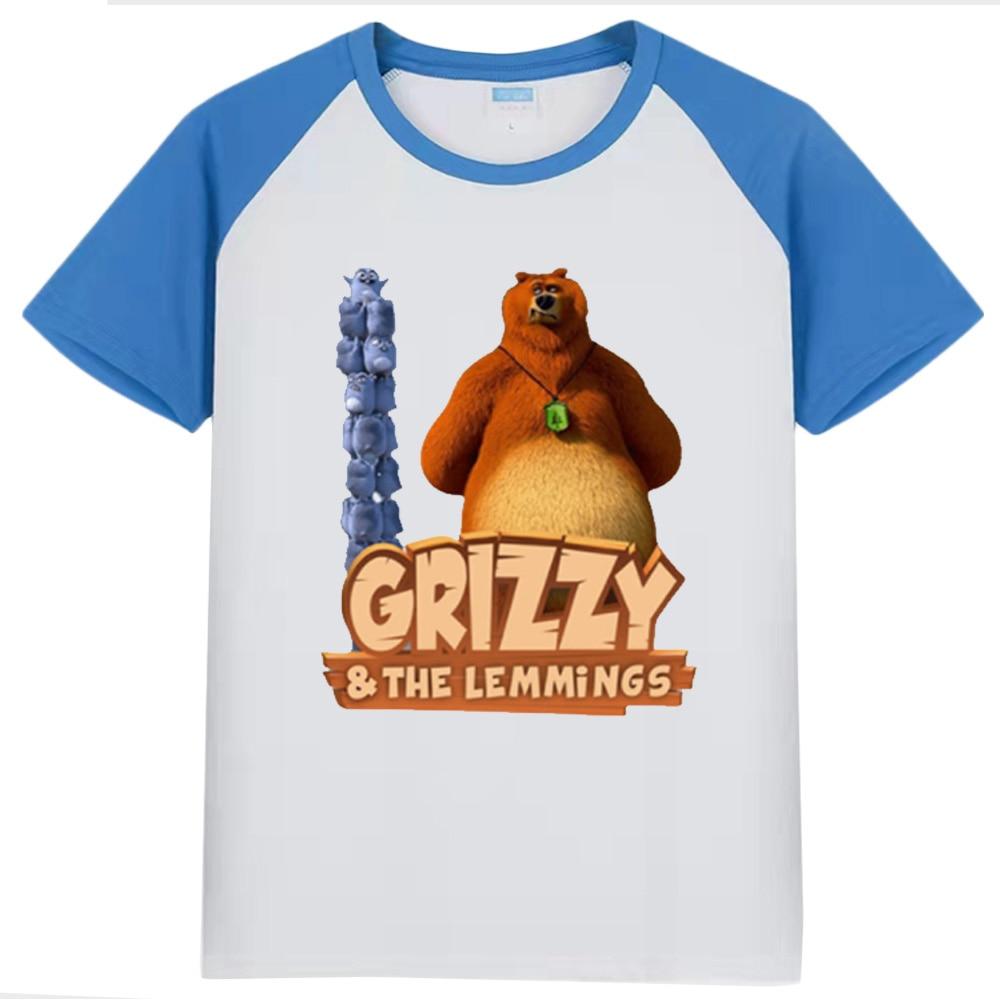 Grizzy Bear Cute Lemmings Cartoon Print Lustiges Kinder T-Shirt 100% Baumwolle Sommer Kinderkleidung Jungen Mädchen O-Ausschnitt T-Shirts 120 blau