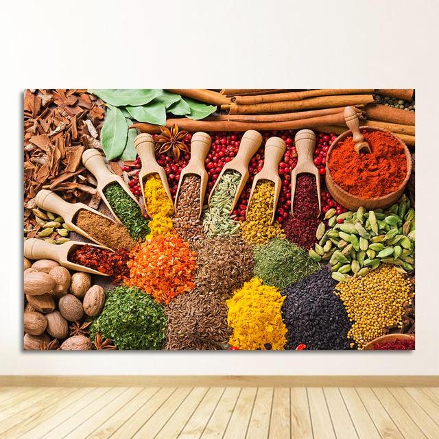 Leinwandgemälde Cuadros skandinavische Poster und Drucke Wandkunst Essen Bild Wohnzimmer Körner Gewürze Löffel Paprika Küche 50cm×70cm NoFrame
