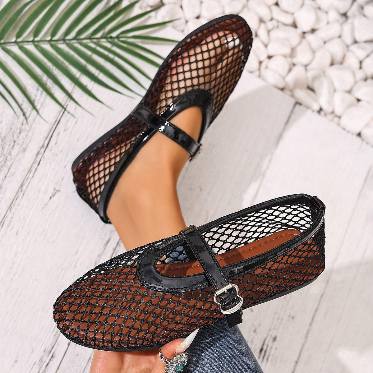 Atmungsaktive Einzel-Schuhe mit weicher Sohle für Damen, Neuer Stil, Flach, Durchbrochene Mesh-Schuhe, Mary Jane Einzel-Schuhe 41 schwarz