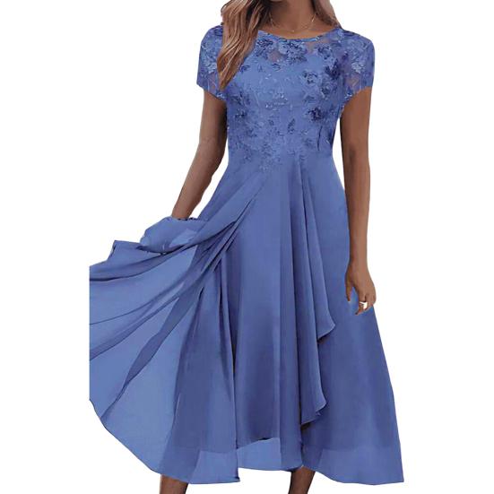 O-Ausschnitt Halb Elegent Beauty Lady Kleid Flowy Saum Brautjungfer Chiffon Patchwork Kleid Elegante Häkelspitze Ärmel Unregelmäßiges Gast Midi Kleid 4XL grau