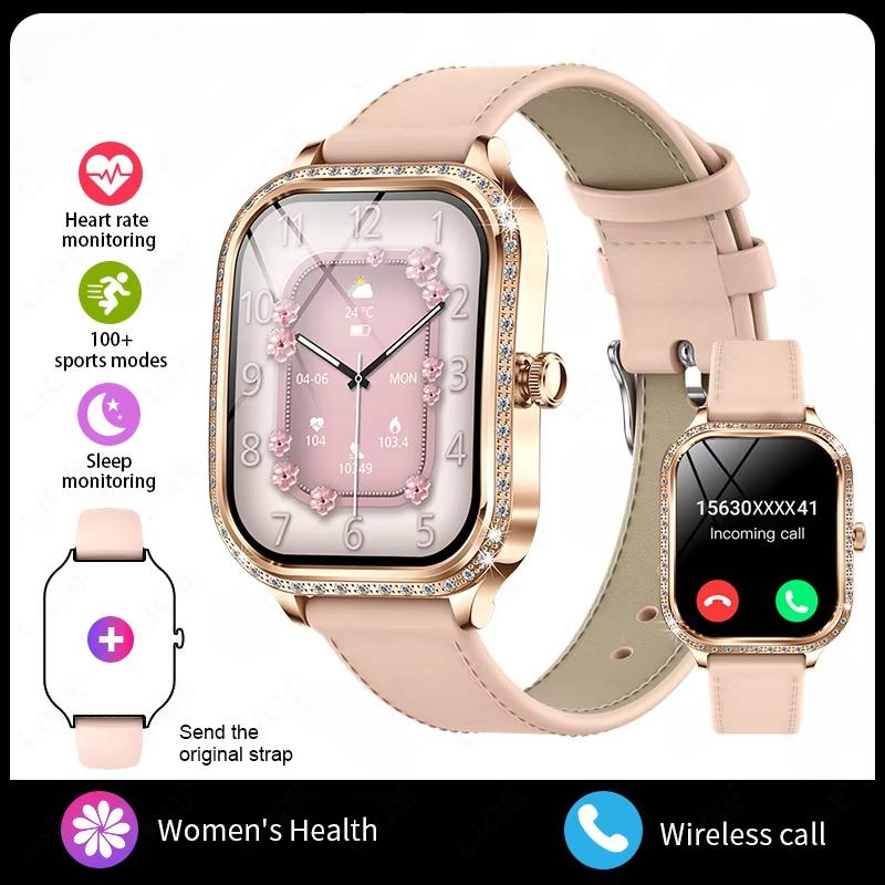2025 Neue Smartwatch Damen 1,75 HD-Display Herzfrequenzmesser IP68 Wasserdicht Sport Fitness BT Anruf Smartwatch Für Dame Geschenk Leather Belt gold