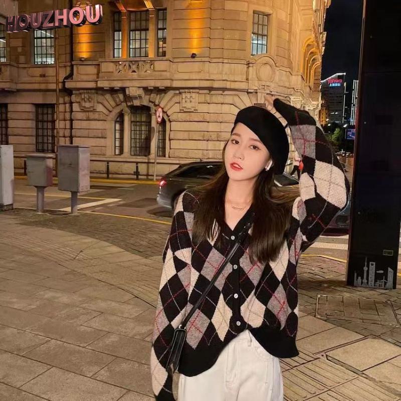 Diamant Plaid Pullover Jacke Frauen Winter Koreanische Vintage Lose Strickjacke Pullover Mantel Casual Lange-sleeve Gestrickte Dicke Strickjacke M schwarz